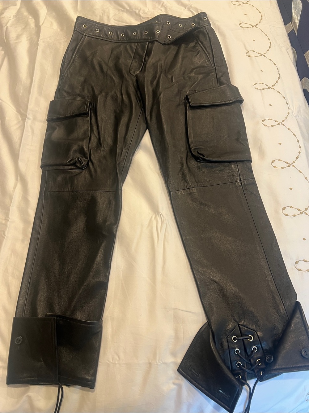 MONSE Black Leather Cargo Ankle Pants with Grommet Waist and Lace-Up Hem